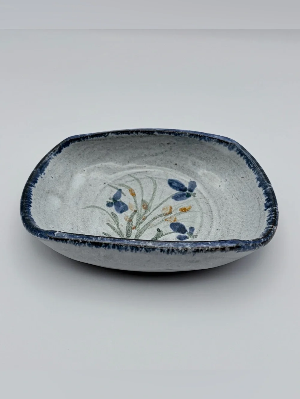 Handmade, Owens Pottery, Seagrove, NC, Soap Dish, Redware, Irises, Blue/Gray